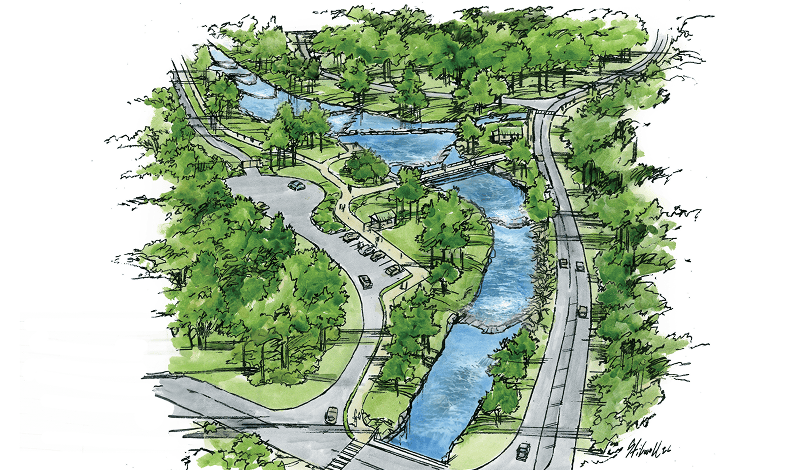 Illustration of the proposed Mill Pond revitalization showing a restored stream channel with multiple pedestrian bridges, walking paths, and landscaped green spaces along both banks.