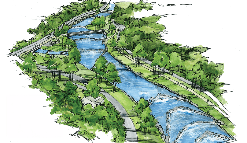 Concept rendering of the Mill Pond revitalization featuring a winding stream, surrounding walking trails, nearby roadways, parking areas, and tree-lined green spaces.