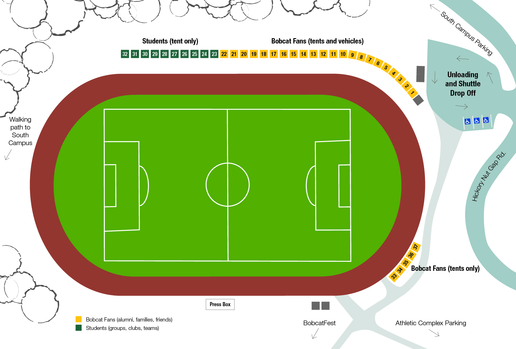 Map of the Lees-McRae soccer field tailgating layout showing student tent areas on the north side of the track, Bobcat fan tailgate spaces numbered 1 through 22 around the east curve, accessible shuttle drop-off and parking near Hickory Nut Gap Road, a walking path to South Campus on the west side, and the Family Fun Zone and BobcatFest near the athletic complex parking area.