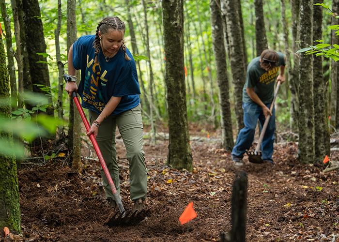 Volunteers with rakes level dirt and clear debris in the woods.
