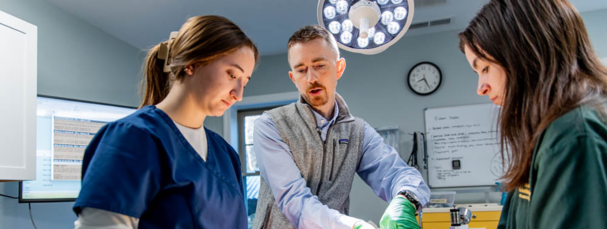 Two students and a professor examine an animal patient on a table in the May Wildlife Rehabilitation Center.