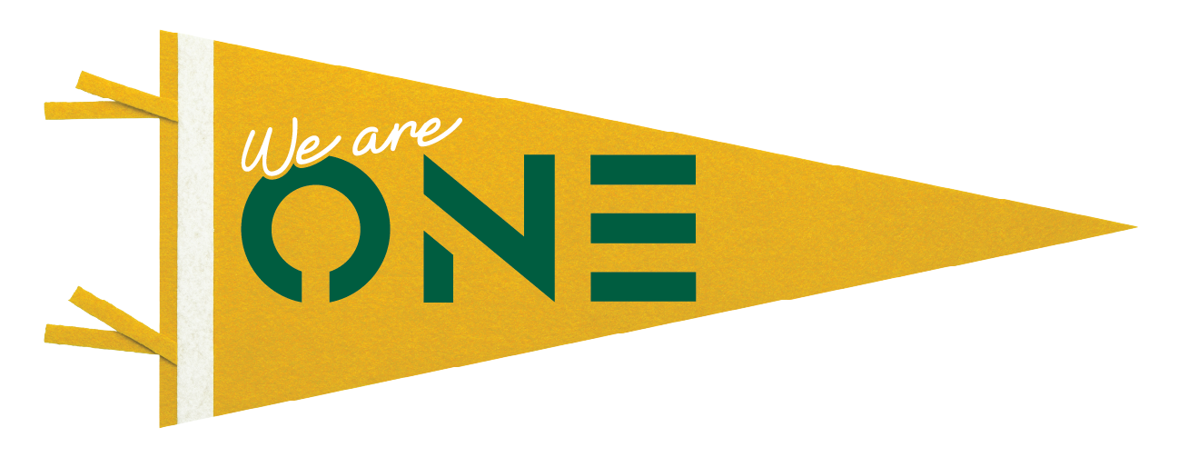 Gold pennant graphic with the words “We are ONE” in white and green text. ONE Lees-McRae